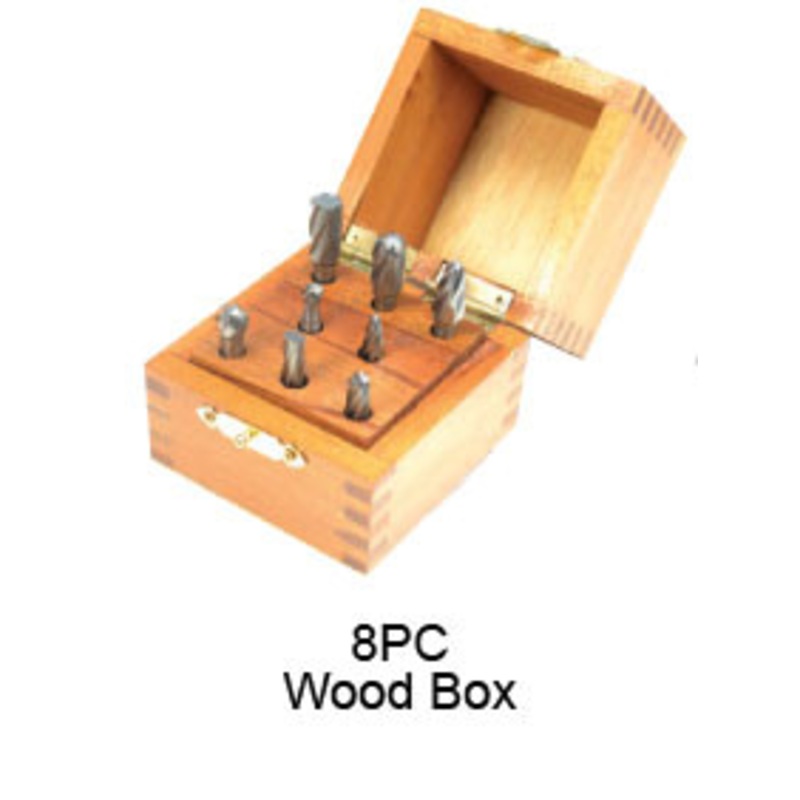 Grobet USA Carbide Bur Set, 8PC Set 1/4 Shank DBL Cut Wood Box – 32-925