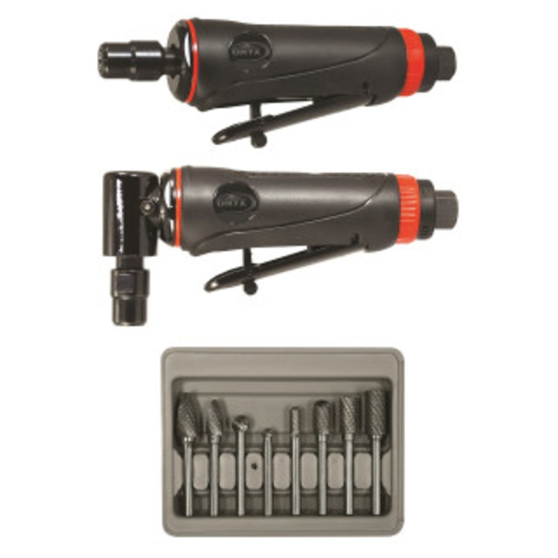 ONYX 3pc Die Grinder Kit w/ 1/4 90 Angle Die Grinder, 1/4 Die Grinder & 8pc Double Cut Carbide Rotary Burr Set – AST-219