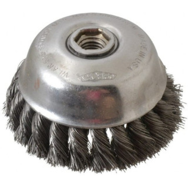Osborn 4 Diam 5/8-11 Threaded Arbor Steel Fill Cup Brush Knotted Wire, 0.014 Wire Diam, 1-1/4 Trim, 6,000 Max RPM 0003357400 – 00221895