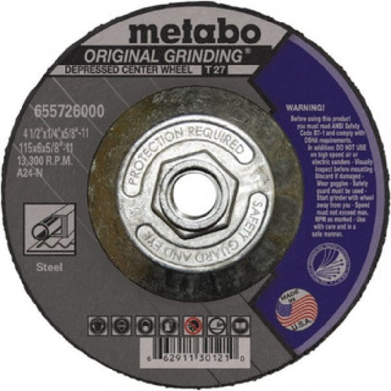 Metabo Depressed-Center Wheels, Wheel Diameter (Inch): 4, Wheel Thickness (Decimal Inch): 0.0400, Grade: Medium, Hole Size (Inch): 1/4, Connector Type: Eyelet, Wheel Type Number: Type 27 655726000 – 77793768