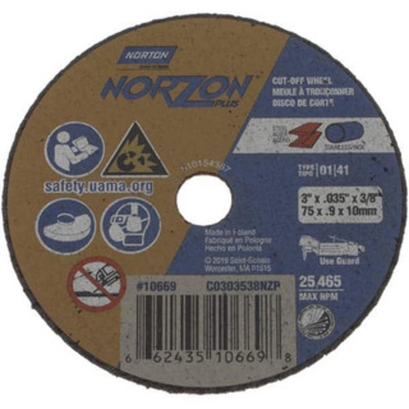 Norton 3 x 0.035, 3/8 Hole Ceramic Cutoff Wheel Reinforced, 25,465 Max RPM, Use with Die Grinders 66243510669 – 09975095