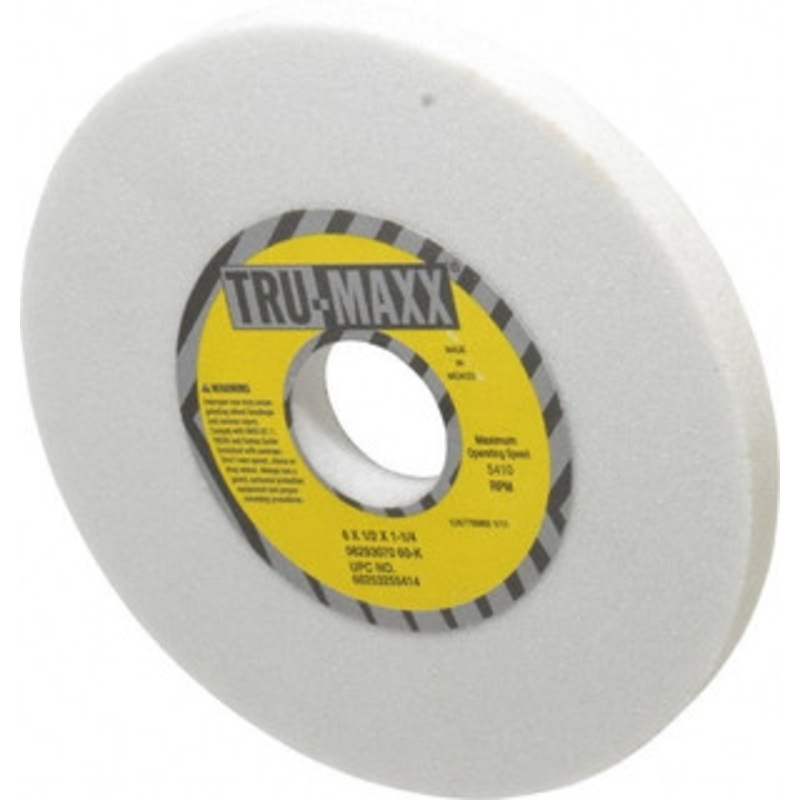 Tru-Maxx 6 Diam x 1-1/4 Hole x 1/2 Thick, K Hardness, 60 Grit Surface Grinding Wheel Aluminum Oxide, Type 1, Medium Grade, 5,410 Max RPM, Vitrified Bond, No Recess 66253255414 – 06293070