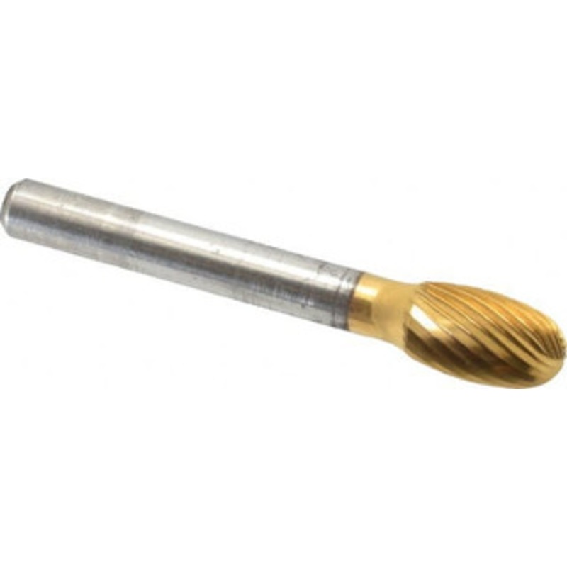 Atrax 3/8 Cut Diam, 1/4 Shank Diam, Carbide Single Cut Oval Burr Radius End, 2-3/4 OAL, 5/8 LOC, Titanium Nitride Finish SE-3SC-2 – 00451161