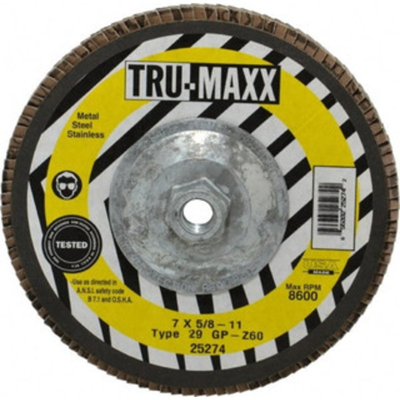 Tru-Maxx 7 60 Grit 5/8-11 Center Hole Type 29 Zirconia Alumina Flap Disc Medium Grade, Coated, Arbor Attachment, 8,600 RPM 25274 – 86779774
