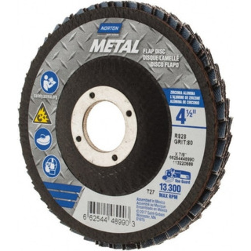 Norton 4-1/2 80 Grit 7/8 Center Hole Type 27 Zirconia Alumina Flap Disc Medium Grade, Coated, Arbor Attachment, Fiberglass Backing, 13,300 RPM 66254448990 – 45451424