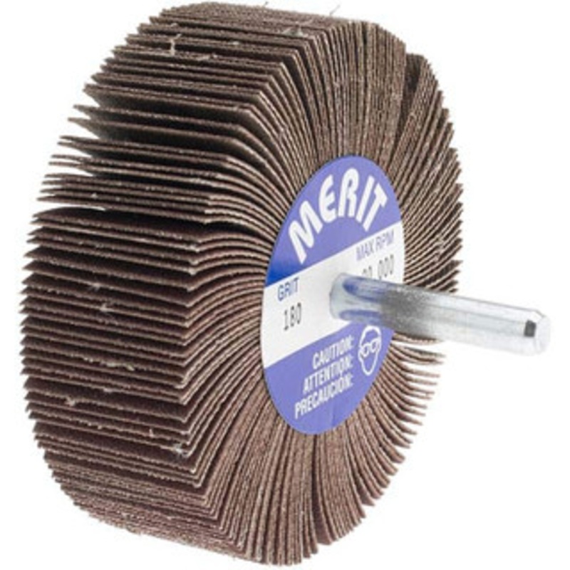 Merit Abrasives 3 Diam x 1 Face Width, Very Fine Aluminum Oxide Coated Mounted Flap Wheel 1/4 Shank Mount, 180 Grit, Cloth Backing, 20,000 Max RPM 08834137253 – 09608779