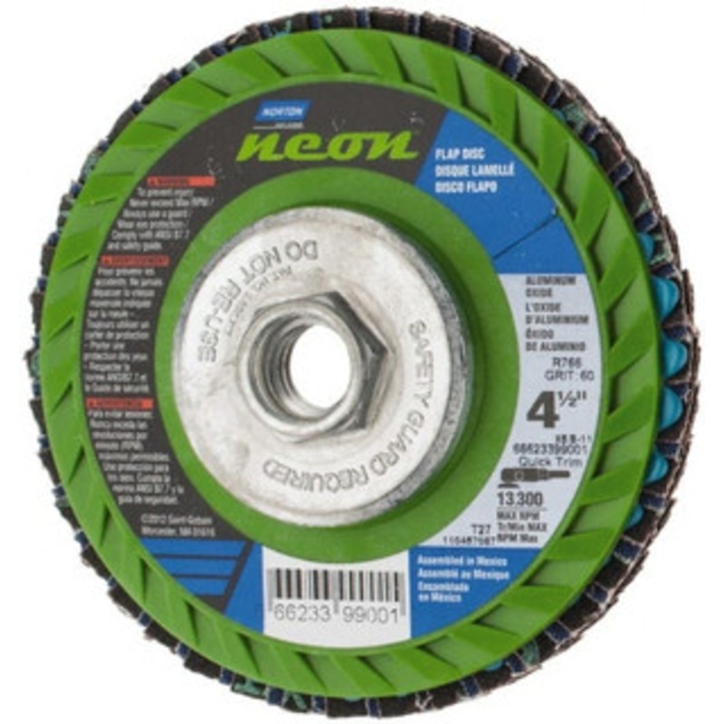Norton 4-1/2 60 Grit 5/8-11 Center Hole Type 27 Ceramic Alumina Flap Disc Medium Grade, Coated, Arbor Attachment, Polyester Backing, 13,300 RPM 66623399001 – 56275092