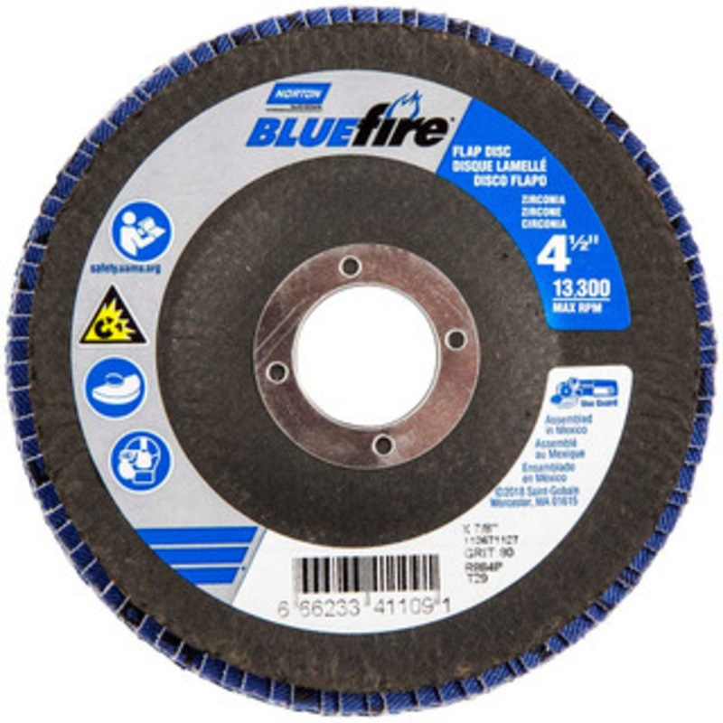 Norton 4-1/2 80 Grit 7/8 Center Hole Type 29 Zirconia Alumina Flap Disc Medium Grade, Coated, Arbor Attachment, Plastic Backing, 13,300 RPM 66623341109 – 69000578