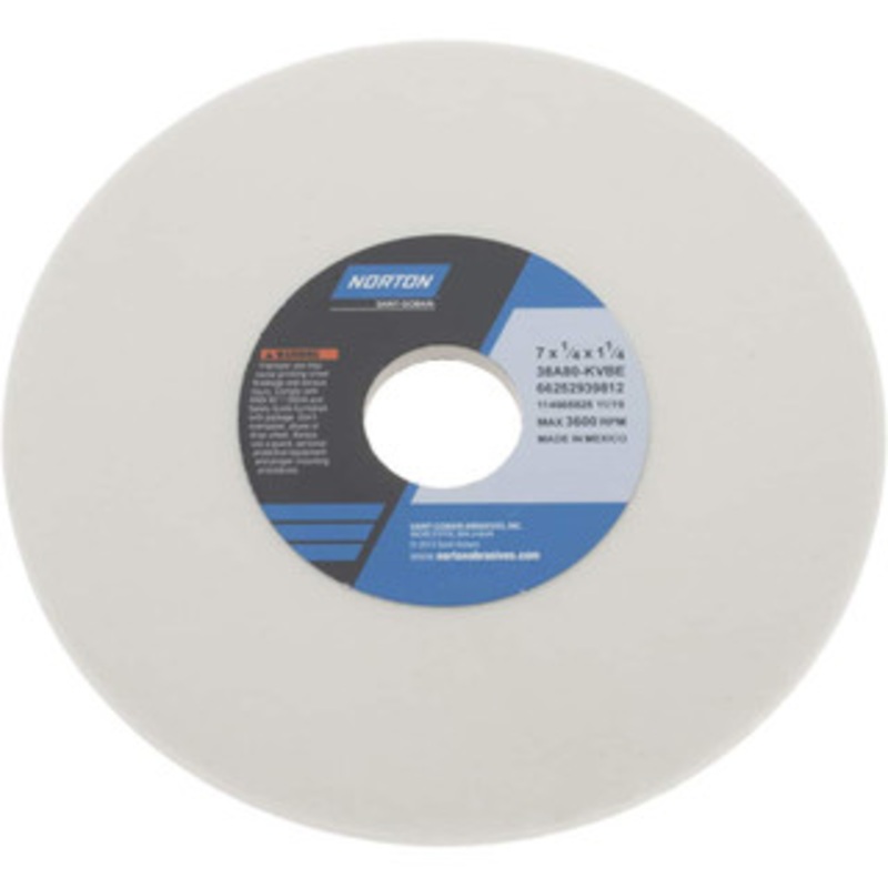Norton 7 Diam x 1-1/4 Hole x 1/4 Thick, K Hardness, 80 Grit Surface Grinding Wheel Aluminum Oxide, Type 1, Medium Grade, 3,600 Max RPM, Vitrified Bond, No Recess 66252939812 – 05948765