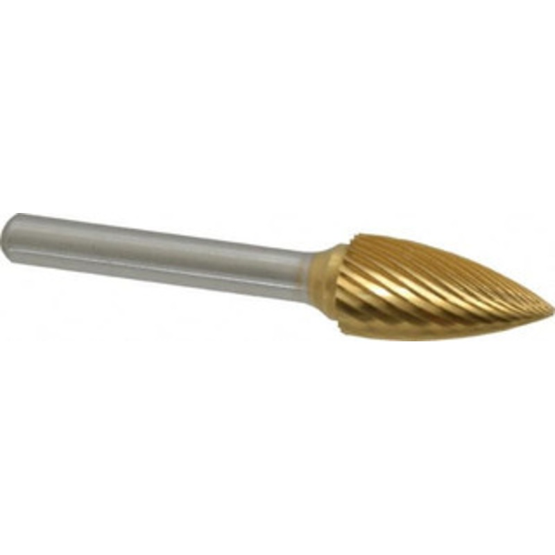 Made in USA 1/2 Cut Diam, 1/4 Shank Diam, Carbide Single Cut Tree Burr Point End, 2-3/4 OAL, 1 LOC, Titanium Nitride Finish SG-5SCTN – 00451047