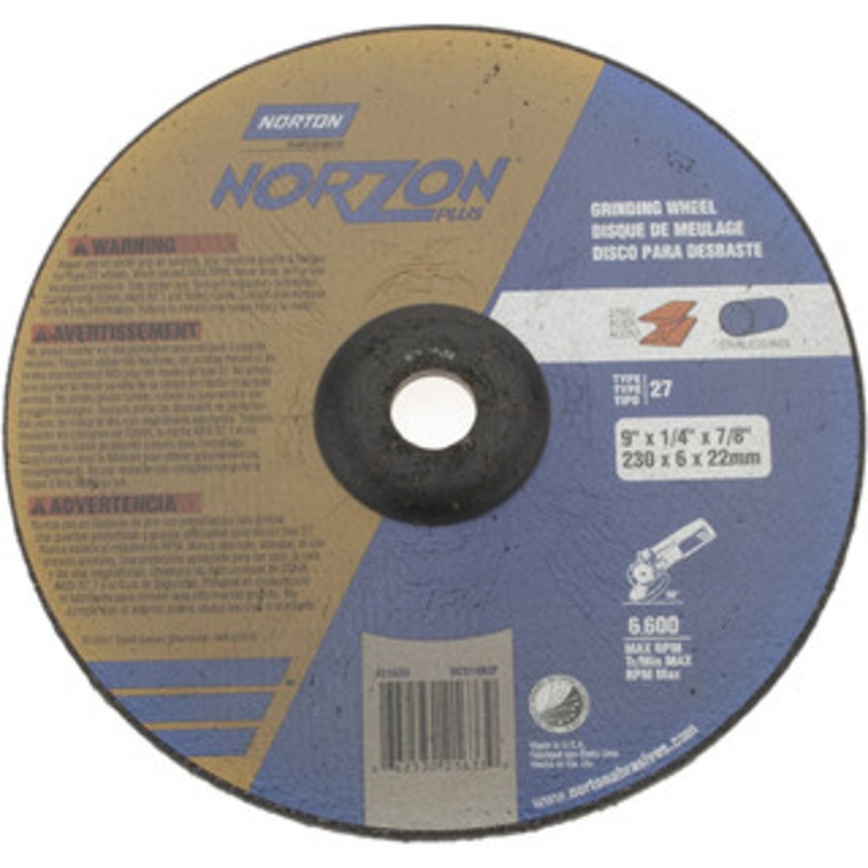 Norton 24 Grit, 9 Wheel Diam, 1/4 Wheel Thickness, 7/8 Arbor Hole, Type 27 Depressed Center Wheel Ceramic, 6,600 Max RPM, Compatible with Angle Grinder 66253021633 – 73846818