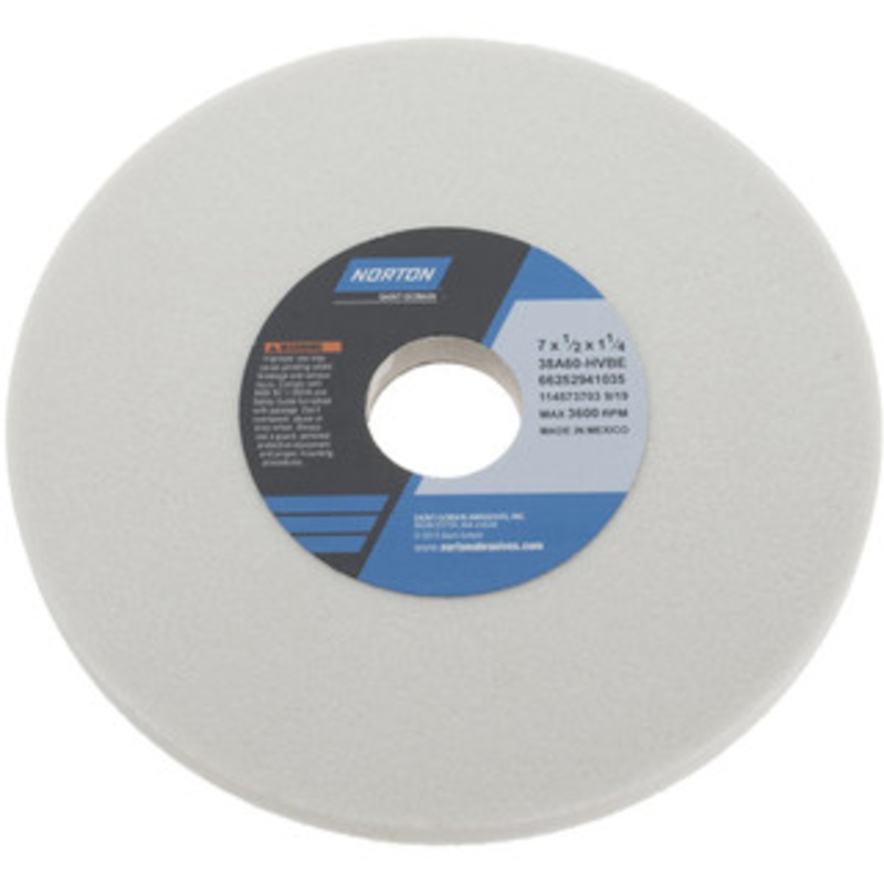 Norton 7 Diam x 1-1/4 Hole x 1/2 Thick, H Hardness, 60 Grit Surface Grinding Wheel Aluminum Oxide, Type 1, Medium Grade, 3,600 Max RPM, Vitrified Bond, No Recess 66252941035 – 05936018