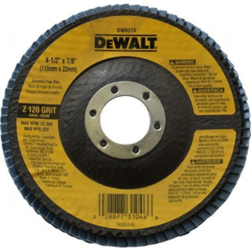 DeWALT 4-1/2 120 Grit 7/8 Center Hole Type 29 Zirconia Alumina Flap Disc Fine Grade, Coated, Arbor Attachment, Fiberglass Backing, 13,300 RPM DW8310 – 73201287