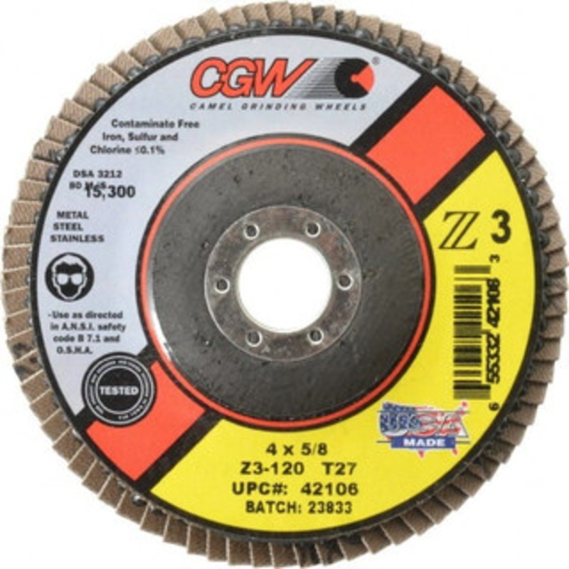 CGW Abrasives 4 120 Grit 5/8 Center Hole Type 27 Zirconia Alumina Flap Disc Fine Grade, Coated, Arbor Attachment, Poly Cotton Backing, 15,300 RPM 42106 – 56436637