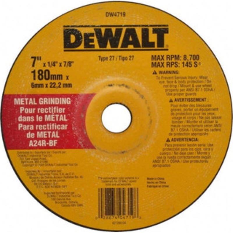 DeWALT 24 Grit, 7 Wheel Diam, 1/4 Wheel Thickness, 7/8 Arbor Hole, Type 27 Depressed Center Wheel Aluminum Oxide, R Hardness, 8,700 Max RPM, Compatible with Angle Grinder DW4719 – 80486293