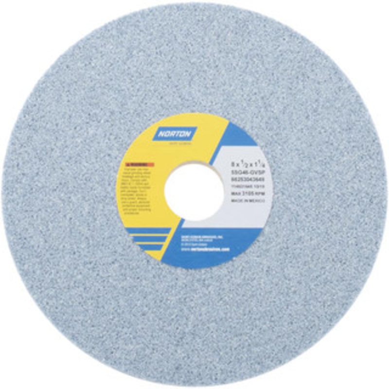 Norton 8 Diam x 1-1/4 Hole x 1/2 Thick, G Hardness, 46 Grit Surface Grinding Wheel Ceramic, Type 1, Coarse Grade, 3,105 Max RPM, Vitrified Bond, No Recess 66253043649 – 67229013