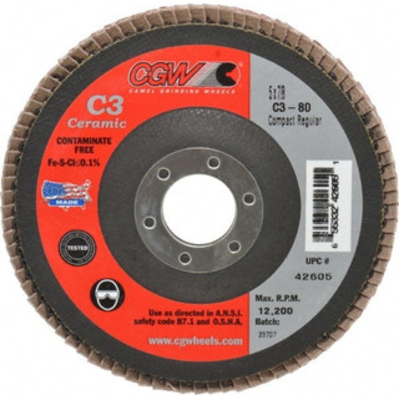 CGW Abrasives 5 80 Grit 7/8 Center Hole Ceramic Flap Disc Medium Grade, Coated, Arbor Attachment, Polyester Backing, 12,200 RPM 42605 – 63009781
