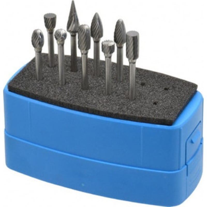 Made in USA 9 Piece, 1/8 Shank Burr Set Solid Carbide, Multiple Head Shapes SETM110PSC – 00477505