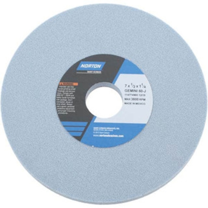 Norton 7 Diam x 1-1/4 Hole x 1/2 Thick, J Hardness, 60 Grit Surface Grinding Wheel Aluminum Oxide, Type 1, Medium Grade, 3,600 Max RPM, No Recess 66253246820 – 81162224