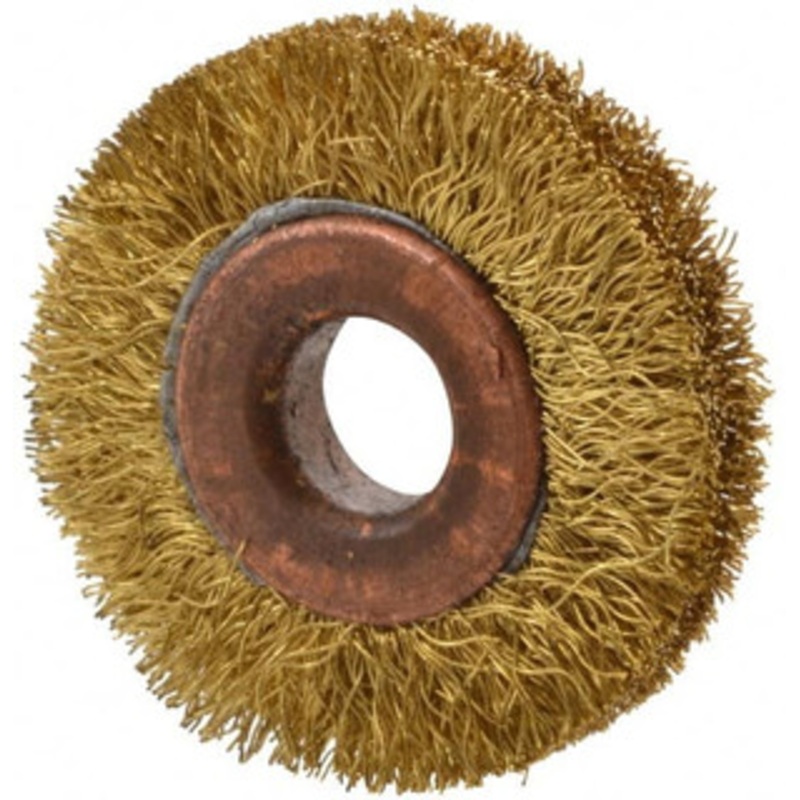Value Collection 1-1/2 OD, 3/8 Arbor Hole, Crimped Brass Wheel Brush 5/16 Face Width, 3/8 Trim Length, 0.008 Filament Diam, 20,000 RPM 73038010320 – 74038753