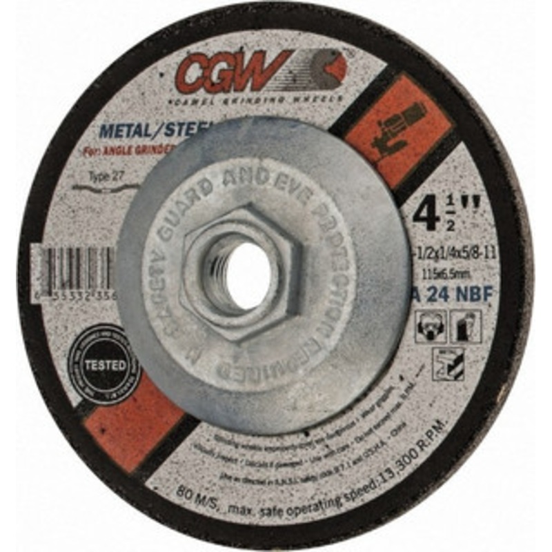 CGW Abrasives 24 Grit, 4-1/2 Wheel Diam, 1/4 Wheel Thickness, Type 27 Depressed Center Wheel Aluminum Oxide, Resinoid Bond, N Hardness, 13,300 Max RPM, Compatible with Angle Grinder 35623 – 05846647