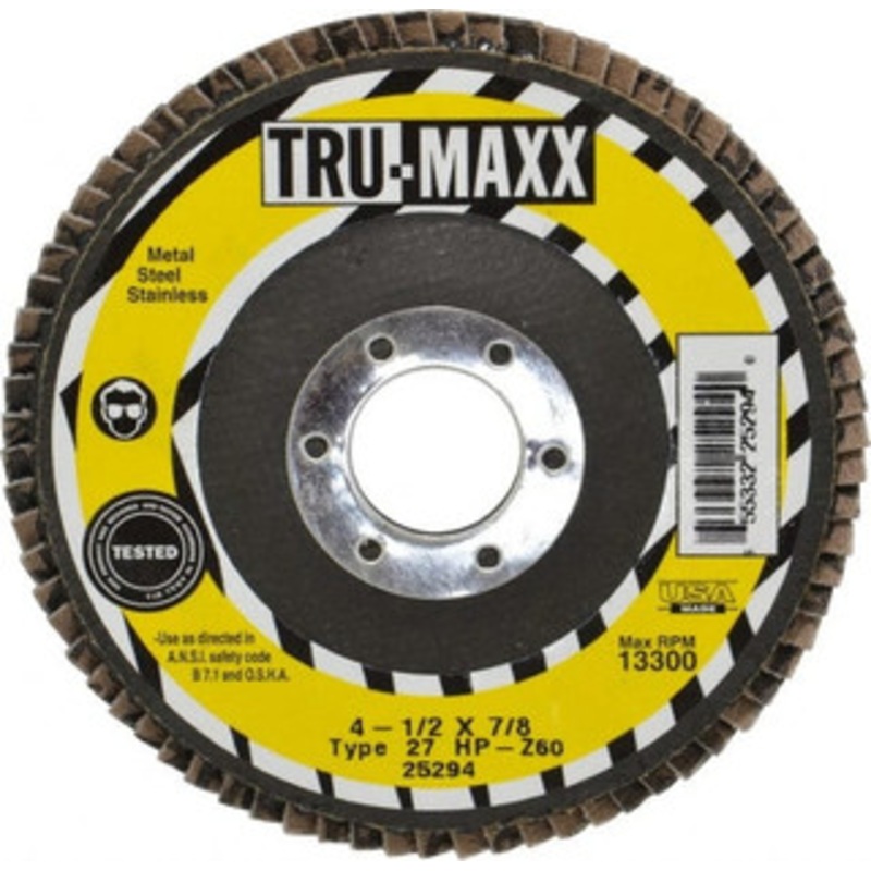 Tru-Maxx 4-1/2 60 Grit 7/8 Center Hole Type 27 Zirconia Alumina Flap Disc Medium Grade, Coated, Arbor Attachment, 13,300 RPM 25294 – 06379317