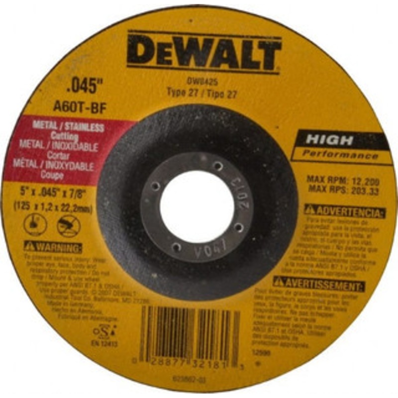DeWALT 60 Grit, 5 Wheel Diam, 7/8 Arbor Hole, Type 27 Depressed Center Wheel Aluminum Oxide, T Hardness, 12,200 Max RPM, Compatible with Angle Grinder DW8425 – 08702003