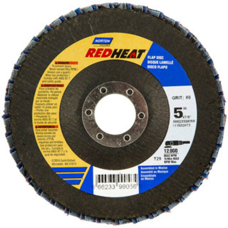 Norton 5 40 Grit 7/8 Center Hole Type 29 Ceramic Alumina Flap Disc Coarse Grade, Coated, Arbor Attachment, Fiberglass Backing, 12,000 RPM 66623399055 – 63540017