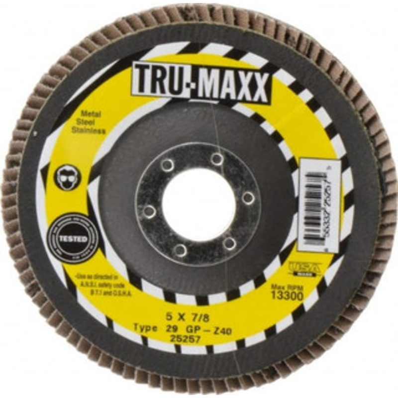 Tru-Maxx 5 40 Grit 7/8 Center Hole Type 29 Zirconia Alumina Flap Disc Coarse Grade, Coated, Arbor Attachment, 12,200 RPM 25257 – 86779600