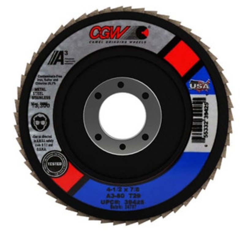 CGW Abrasives 4-1/2 80 Grit 7/8 Center Hole Type 29 Aluminum Oxide Flap Disc Medium Grade, Coated, Arbor Attachment, Polyester Backing, 13,300 RPM 39425 – 02555217
