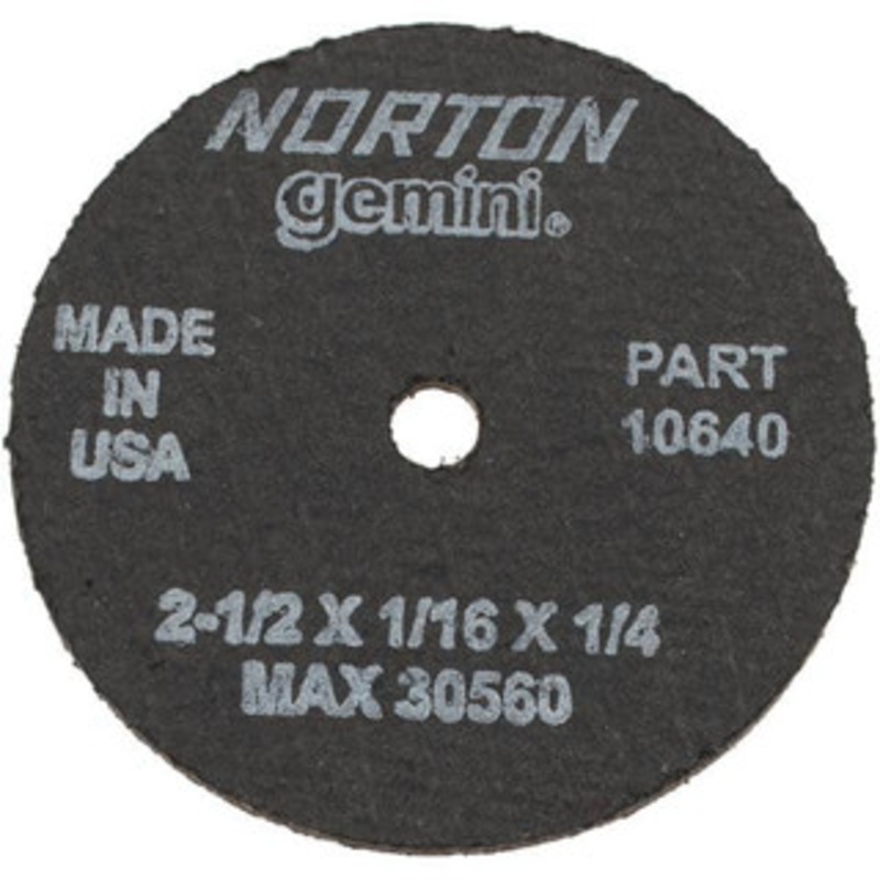 Norton 2-1/2 x 1/16, 1/4 Hole Aluminum Oxide Cutoff Wheel Reinforced, 30,560 Max RPM, Use with Die Grinders 66243510640 – 75316356