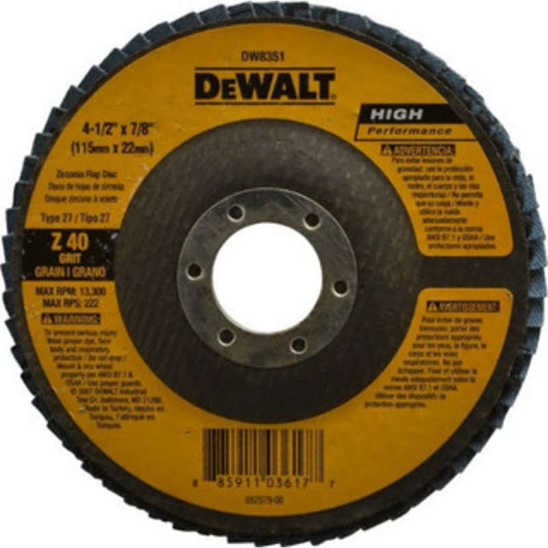 DeWALT 4-1/2 40 Grit 7/8 Center Hole Type 27 Zirconia Alumina Flap Disc Coarse Grade, Coated, Arbor Attachment, Fiberglass Backing, 13,300 RPM DW8351 – 40582678