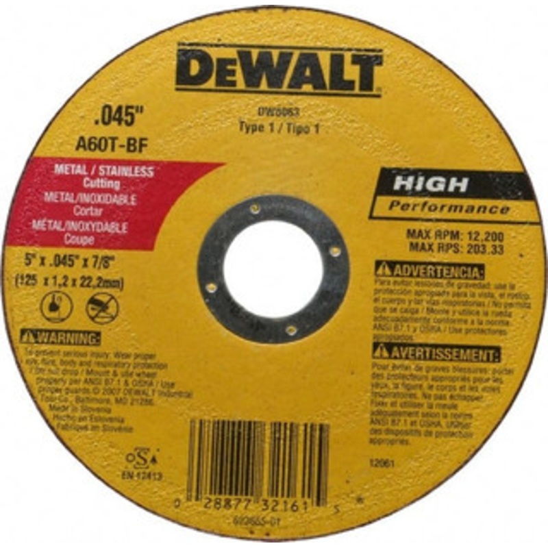 DeWALT 5 x 0.045, 7/8 Hole Aluminum Oxide Cutoff Wheel Reinforced, 12,200 Max RPM, Use with Circular Saws DW8063 – 04064135