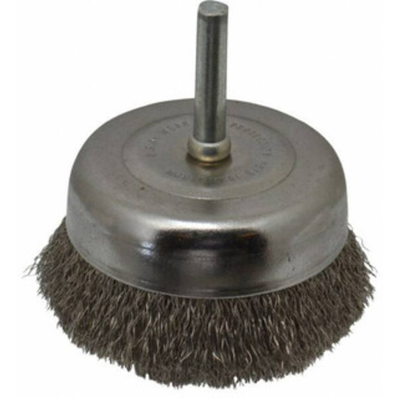 Made in USA 2-3/4 Diam 1/4 Shank Stainless Steel Fill Cup Brush Crimped Wire, 0.008 Wire Diam, 5/8 Trim, 13,000 Max RPM PB33560 – 03541489