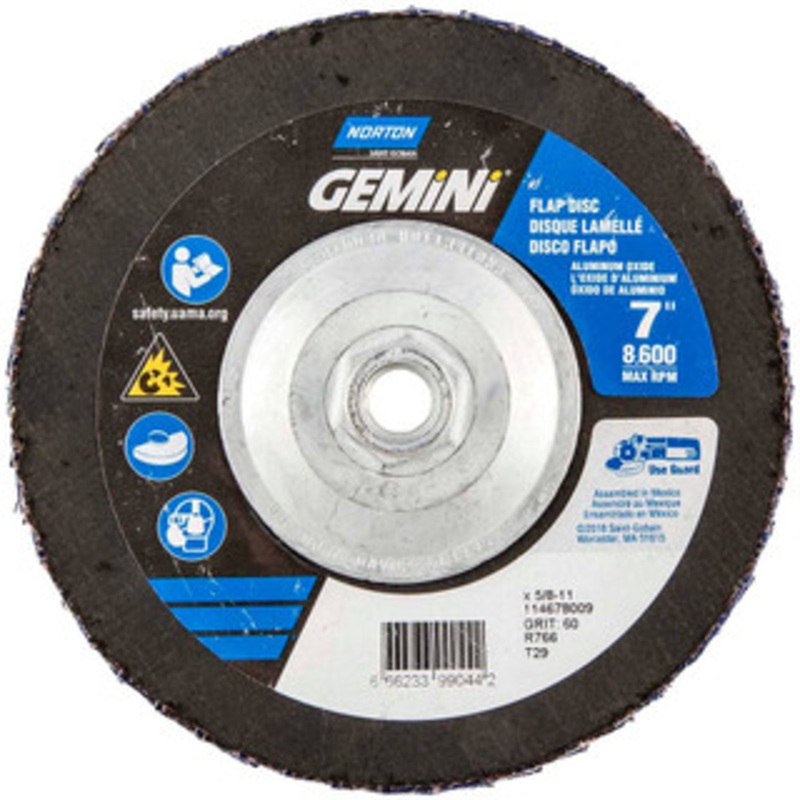 Norton 7 60 Grit 5/8-11 Center Hole Type 29 Ceramic Alumina Flap Disc Medium Grade, Coated, Arbor Attachment, Polyester Backing, 8,600 RPM 66623399044 – 30189773