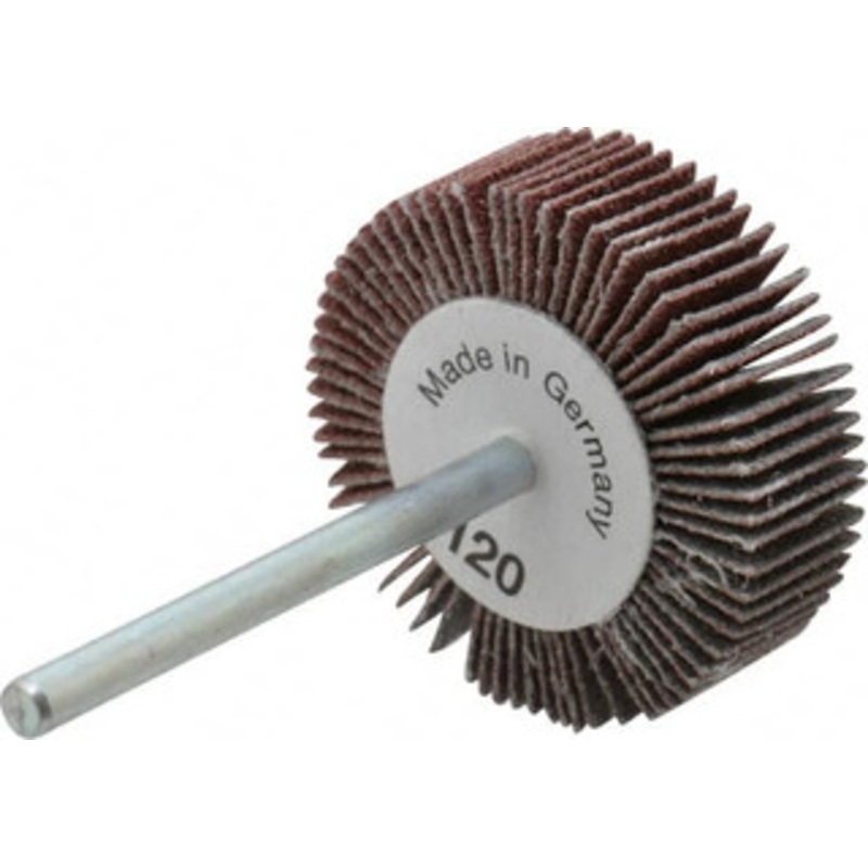 Value Collection 1-3/16 Diam x 3/8 Face Width, Fine Aluminum Oxide Coated Mounted Flap Wheel 1/8 Shank Mount, 120 Grit, X Weighted Cloth Backing, 30,000 Max RPM 112327 – 05096995
