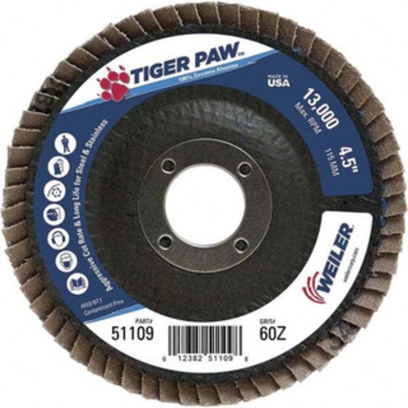 Weiler Abrasives 4-1/2 60 Grit 7/8 Center Hole Type 27 Zirconia Alumina Flap Disc Medium Grade, Coated, Arbor Attachment, Phenolic Backing, 13,000 RPM 51109 – 57530164