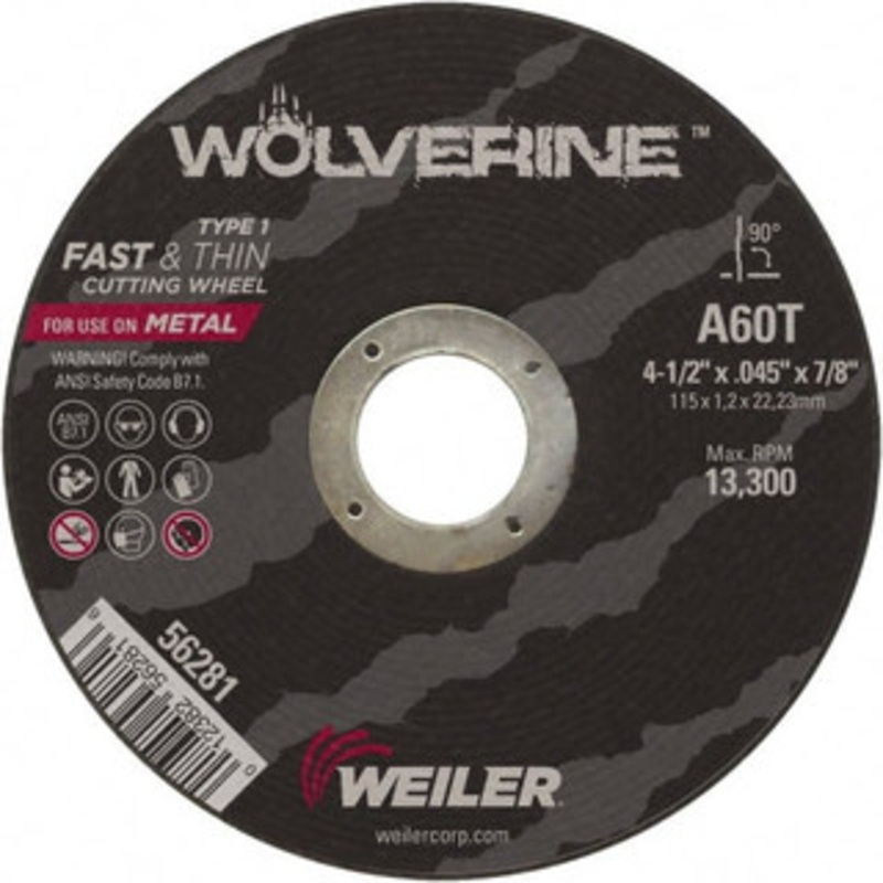 Weiler Abrasives 4-1/2 x 0.045, 7/8 Hole 60 Grit Aluminum Oxide Cutoff Wheel Medium Grade, Reinforced, 13,300 Max RPM, Use with Angle Grinders 56281 – 07991672