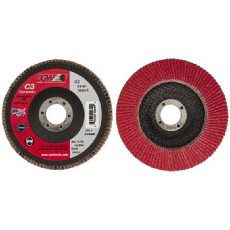 CGW Abrasives 5 60 Grit 7/8 Center Hole Ceramic Flap Disc Medium Grade, Coated, Arbor Attachment, Polyester Backing, 12,200 RPM 42644 – 63009856