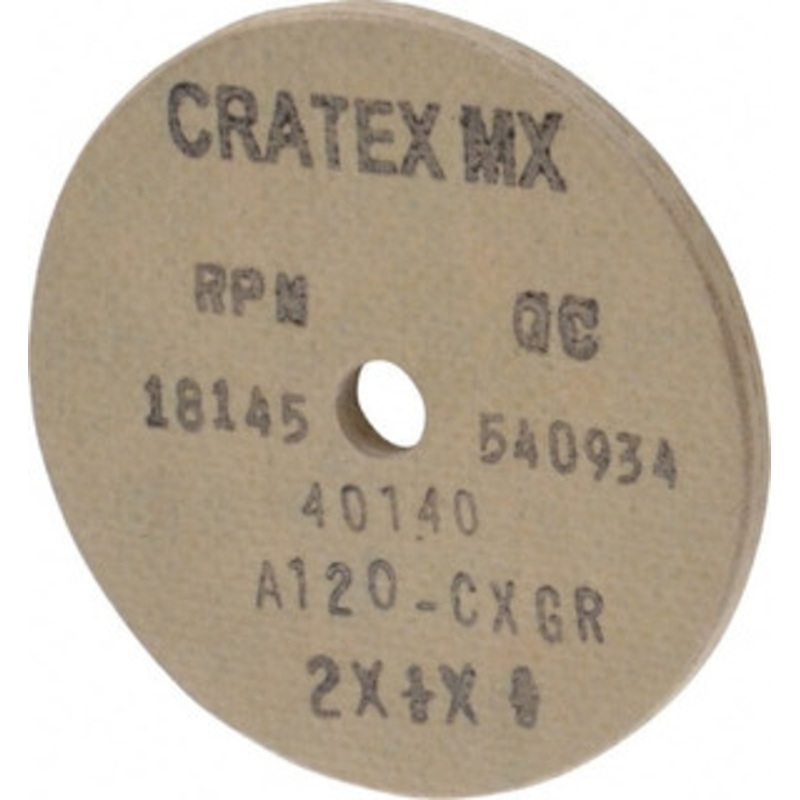 Cratex 2 Diam x 1/4 Hole x 1/8 Thick, 120 Grit Surface Grinding Wheel Aluminum Oxide, Type 1, Fine Grade, 18,145 Max RPM, No Recess 40140 – 67187914