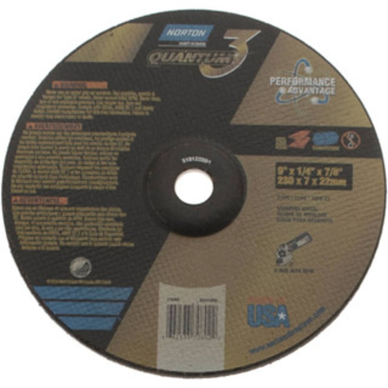 Norton 9 Wheel Diam, 1/4 Wheel Thickness, 7/8 Arbor Hole, Type 27 Depressed Center Wheel Coarse Grade, Ceramic, Resinoid Bond 66253370802 – 44371961
