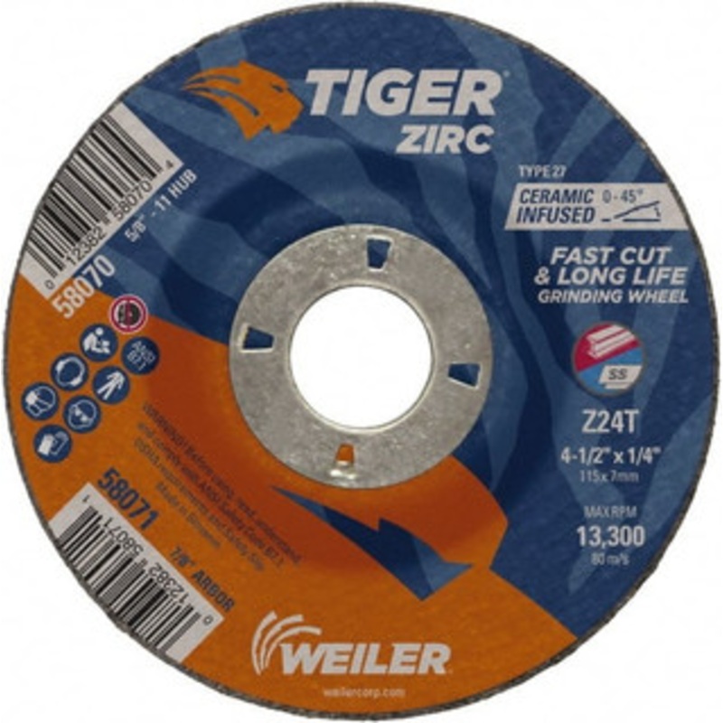 Weiler Abrasives 24 Grit, 4-1/2 Wheel Diam, 1/4 Wheel Thickness, 7/8 Arbor Hole, Type 27 Depressed Center Wheel Coarse Grade, Zirconia Alumina, Resinoid Bond, T Hardness, 13,300 Max RPM 58071 – 52027117