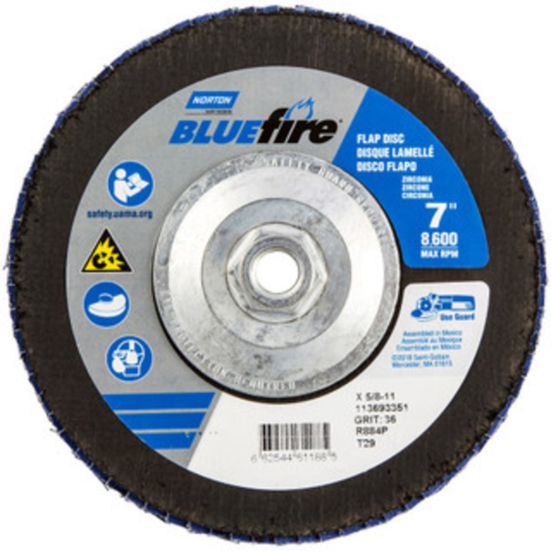 Norton 7 36 Grit 5/8-11 Center Hole Type 29 Zirconia Alumina Flap Disc Very Coarse Grade, Coated, Arbor Attachment, Cloth Backing, 8,600 RPM 66254461188 – 30189229