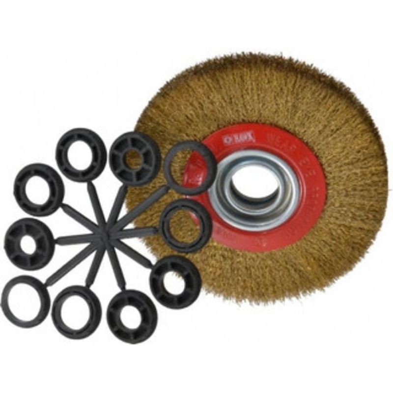 Value Collection 7 OD, 1-1/4 Arbor Hole, Crimped Brass-Coated Steel Wheel Brush 3/4 Face Width, 1-1/2 Trim Length, 0.012 Filament Diam, 6,000 RPM S04064788 – 04064788
