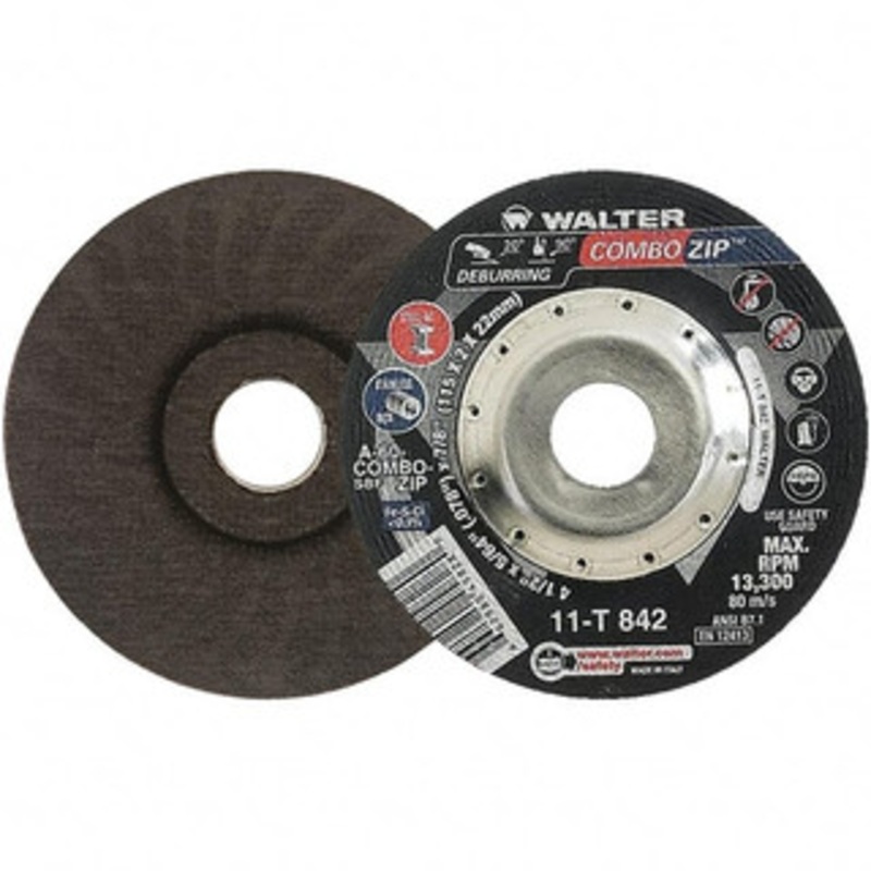 Walter Surface Technologies 60 Grit, 4-1/2 Wheel Diam, 5/64 Wheel Thickness, 7/8 Arbor Hole, Type 27 Depressed Center Wheel 13,300 Max RPM 11T842 – 80876428