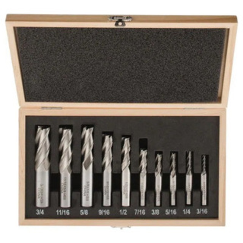Interstate Single End Mill Set, HSS Uncoated, 10 pcs, Centercutting, 3/16 – 3/4, 4 Flutes – 71-526-8