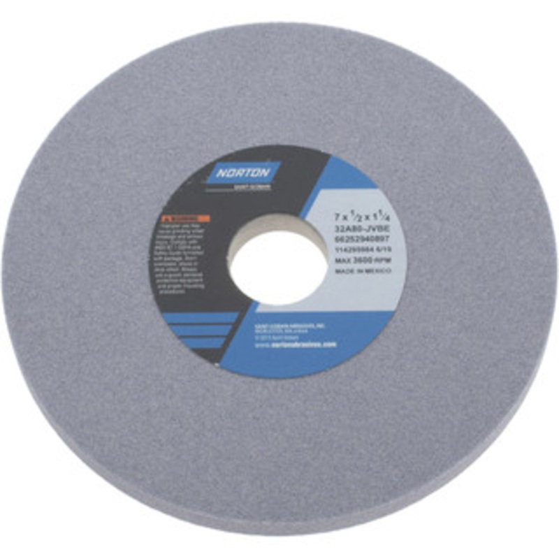 Norton 7 Diam x 1-1/4 Hole x 1/2 Thick, J Hardness, 80 Grit Surface Grinding Wheel Aluminum Oxide, Type 1, Medium Grade, 3,600 Max RPM, Vitrified Bond, No Recess 66252940897 – 05934567