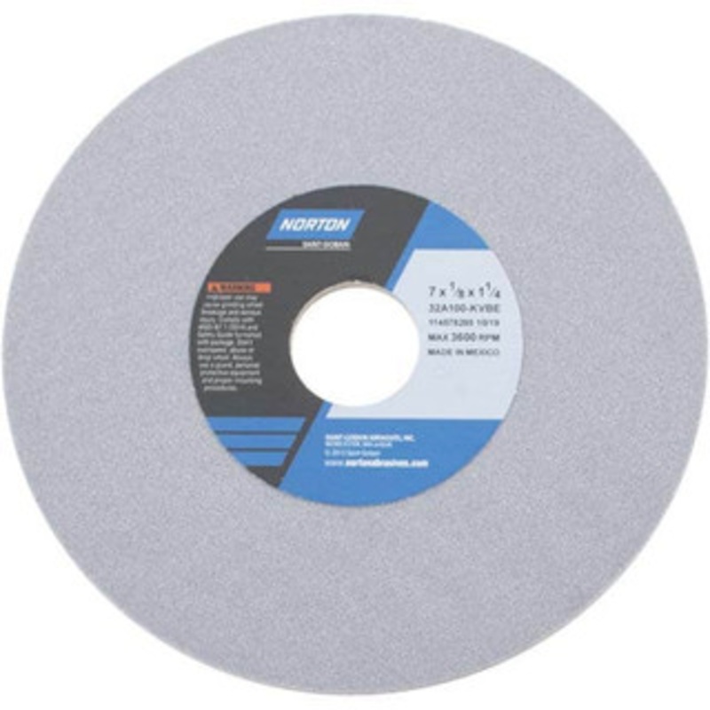 Norton 7 Diam x 1-1/4 Hole x 1/8 Thick, K Hardness, 100 Grit Surface Grinding Wheel Aluminum Oxide, Type 1, Fine Grade, 3,600 Max RPM, Vitrified Bond, No Recess 66252939216 – 74944828
