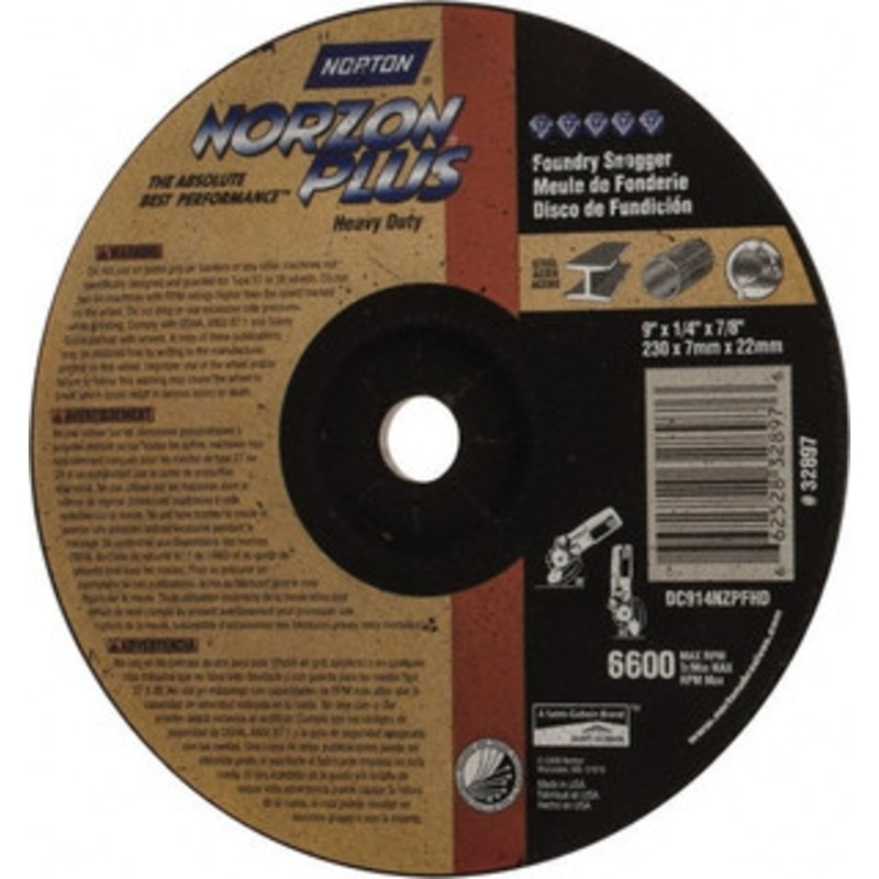 Norton 9 Wheel Diam, 1/4 Wheel Thickness, 7/8 Arbor Hole, Depressed Center Wheel Ceramic, Resinoid Bond, 6,600 Max RPM 66252832897 – 42064444