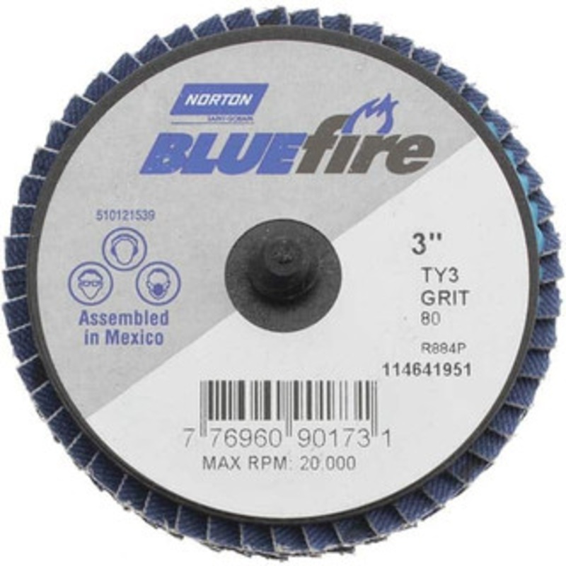 Norton 3 80 Grit Type 27 Zirconia Alumina Flap Disc Medium Grade, Coated, Quick Change Type R Attachment, Fiberglass Backing, 30,000 RPM 77696090173 – 68540640